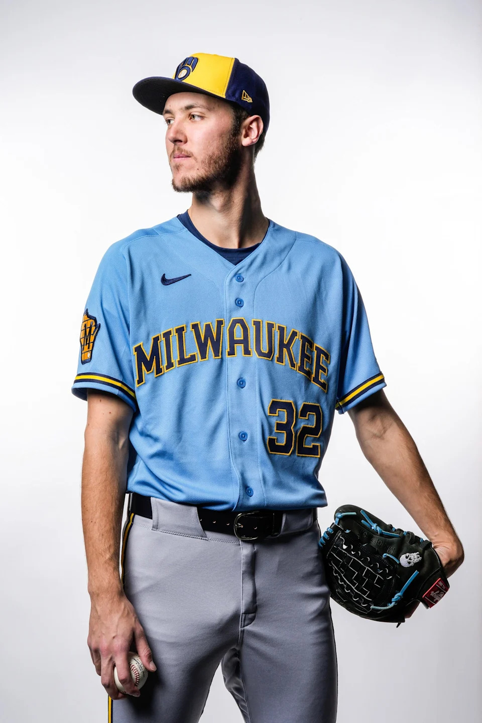 Jacob Misiorowski poses with the new Milwaukee Brewers powder-blue road jersey, an homage to the Brewers teams of the 1970s and 1980s.