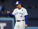 George Springer of the Toronto Blue Jays reacts prior to Game 7 of the 2025 World Series against the Los Angeles Dodgers at Rogers Center on Nov. 1, 2025, in Toronto. 
