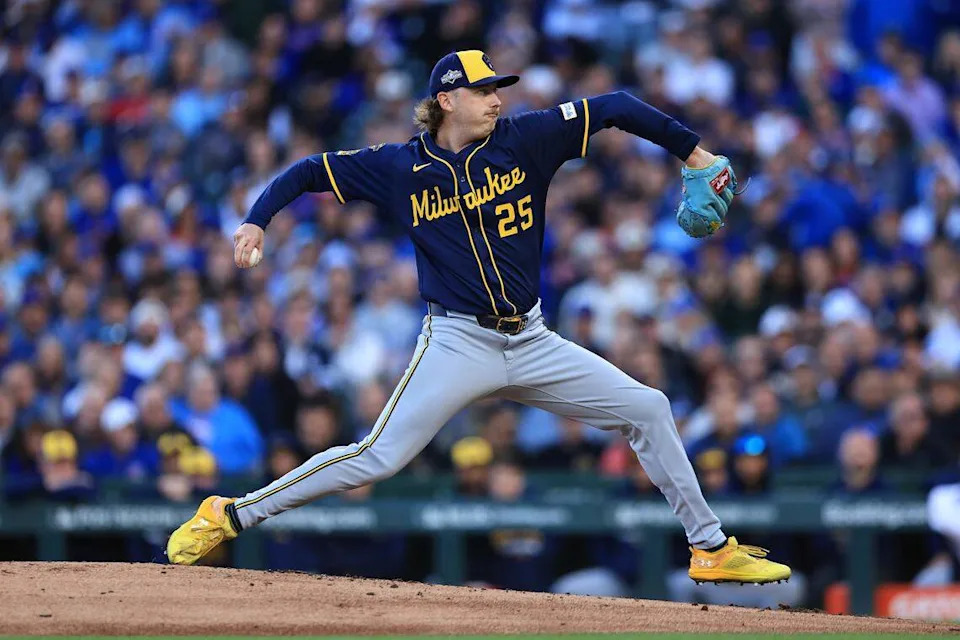 Nick Mears #25 of the Milwaukee Brewers pitches against the Chicago Cubs during the first inning in game three of the National League Division Series at Wrigley Field on October 08, 2025 in Chicago, Illinois.