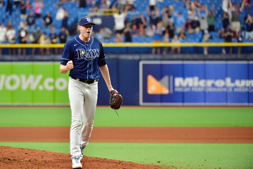 Pete Fairbanks reacts after the Tampa Bay Rays' no-hitter win against the Cleveland Indians.