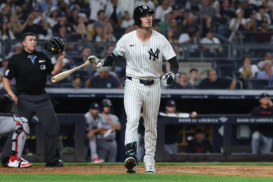 Aug 13, 2025; Bronx, New York, USA; New York Yankees left fielder Cody Bellinger (35) looks up after hitting a solo home run during the third inning against the Minnesota Twins at Yankee Stadium. Mandatory Credit: Vincent Carchietta-Imagn Images