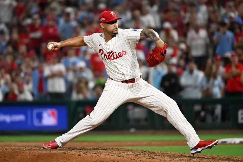 Oct 4, 2025; Philadelphia, Pennsylvania, USA; Philadelphia Phillies pitcher Jhoan Duran (59) pitches against the Los Angeles Dodgers in the ninth inning during game one of the NLDS round for the 2025 MLB playoffs at Citizens Bank Park. Mandatory Credit: Eric Hartline-Imagn Images