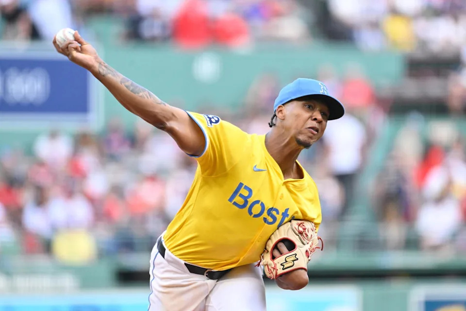 Sep 13, 2025; Boston, Massachusetts, USA; Boston Red Sox starting pitcher Brayan Bello (66) pitches against the New York Yankees during the first inning at Fenway Park. Mandatory Credit: (Eric Canha/Imagn Images)
