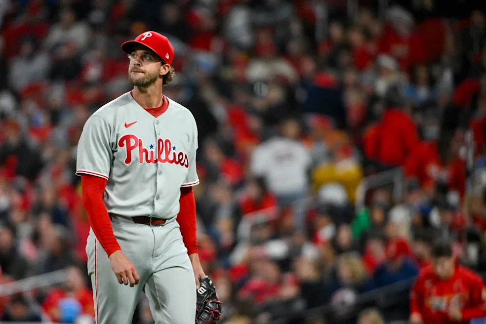 Apr 11, 2025; St. Louis, Missouri, USA; Philadelphia Phillies starting pitcher Aaron Nola (27) walks off the field after the fifth inning against the St. Louis Cardinals at Busch Stadium. Mandatory Credit: Jeff Curry-Imagn Images