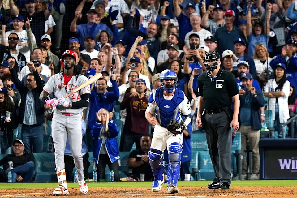 Cincinnati Reds shortstop Elly De La Cruz (44) strikeout in the sixth inning of the MLB National League Wild Card Game 2 between the Cincinnati Reds and LA Dodgers, Wednesday, Oct. 1, 2025, at Dodger Stadium in Los Angeles, California.