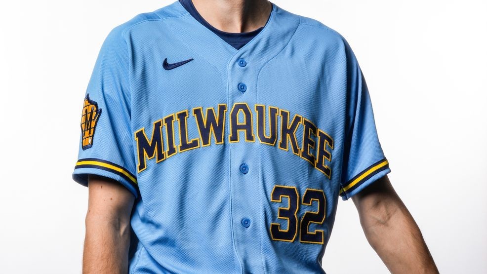 The Milwaukee Brewers unveiled their new powder blue alternate jersey, featuring starting pitcher Jacob Misiorowski, for the 2026 MLB season on December 4, 2025 (Courtesy: Milwaukee Brewers)