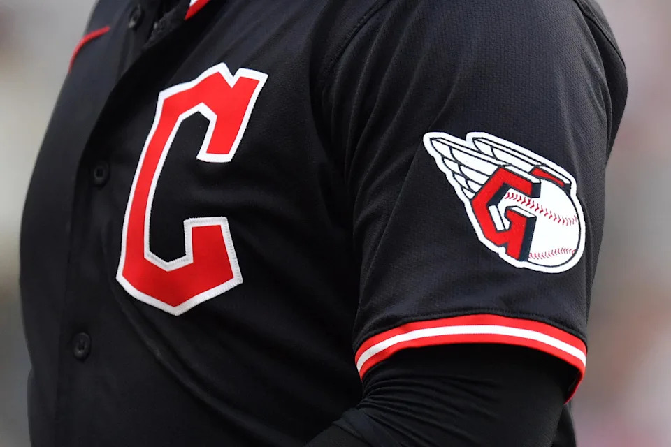 Jul 12, 2025; Chicago, Illinois, USA; A general stock view of the Cleveland Guardians logo is seen during a game against the Chicago White Sox at Rate Field. Mandatory Credit: Patrick Gorski-Imagn Images