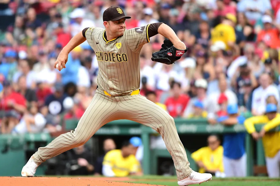 Jun 29, 2024; Boston, Massachusetts, USA; San Diego Padres starting pitcher Michael King (34) pitches during the first inning against the Boston Red Sox at Fenway Park. (Bob DeChiara/Imagn Images)