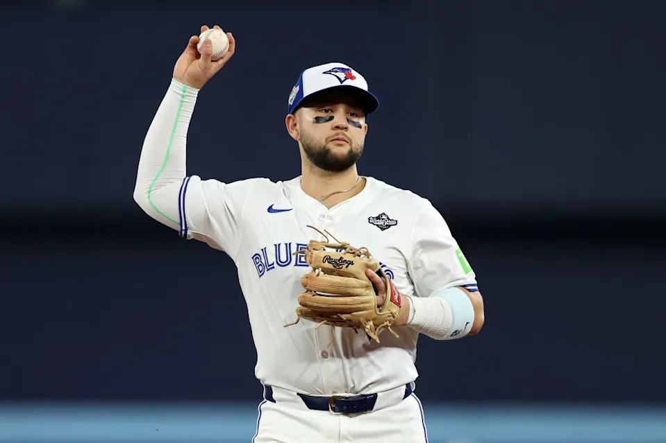 Second baseman Bo Bichette throws out Freddie Freeman on a groundout during the first inning of the Blue Jays’ win over the Dodgers in Game 1 of the World Series. Getty Images