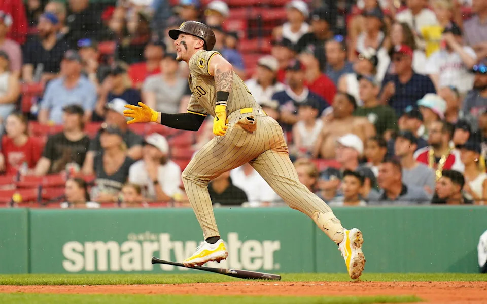 Jun 30, 2024; Boston, Massachusetts, USA; San Diego Padres center fielder Jackson Merrill (3) hits a double against them Boston Red Sox in the seventh inning at Fenway Park. (David Butler II/Imagn Images)
