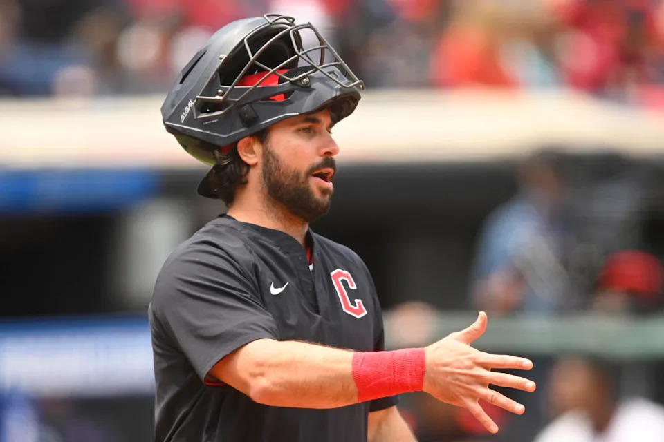 Jun 1, 2025; Cleveland, Ohio, USA; Cleveland Guardians catcher Austin Hedges (27) walks on the field between innings during a game against the Los Angeles Angels at Progressive Field. Mandatory Credit: David Richard-Imagn Images