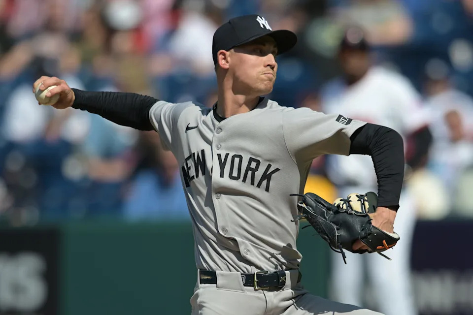 Then-New York Yankees relief pitcher Luke Weaver during the ninth inning against the Cleveland Guardians at Progressive Field.