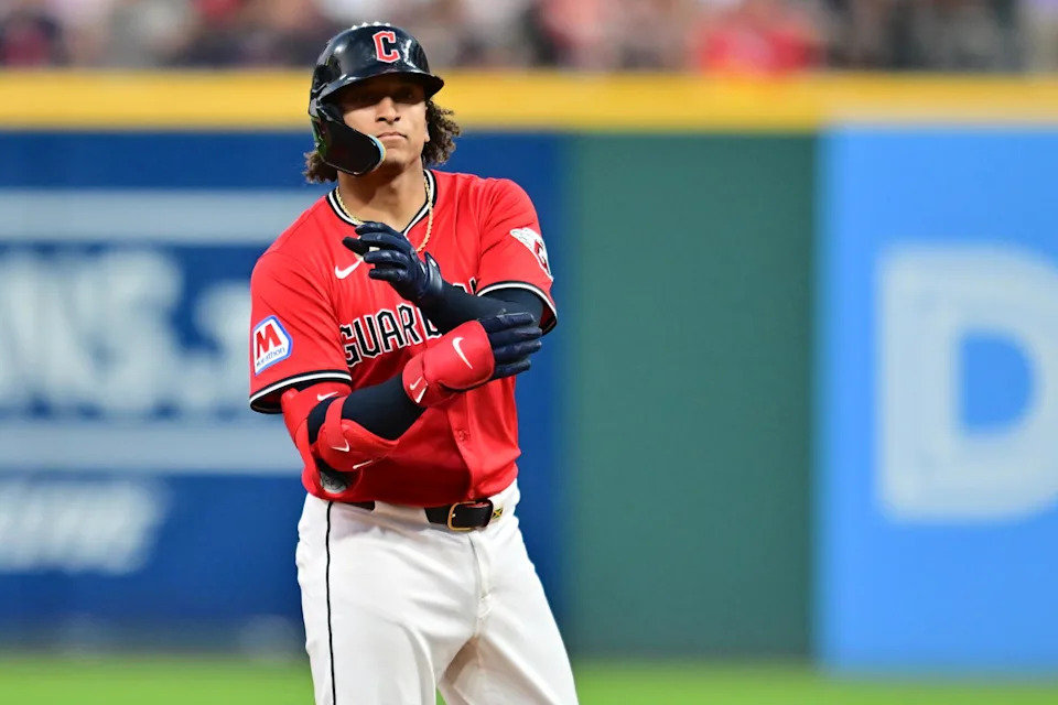 Jul 5, 2025; Cleveland, Ohio, USA; Cleveland Guardians catcher Bo Naylor (23) celebrates after hitting a double during the seventh inning against the Detroit Tigers at Progressive Field. Mandatory Credit: Ken Blaze-Imagn Images