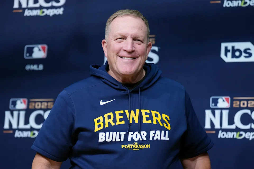Oct 17, 2025; Los Angeles, California, USA; Milwaukee Brewers manager Pat Murphy (49) speaks in a press conference before game four against the Los Angeles Dodgers in the NLCS round for the 2025 MLB playoffs at Dodger Stadium. Mandatory Credit: Kirby Lee-Imagn Images