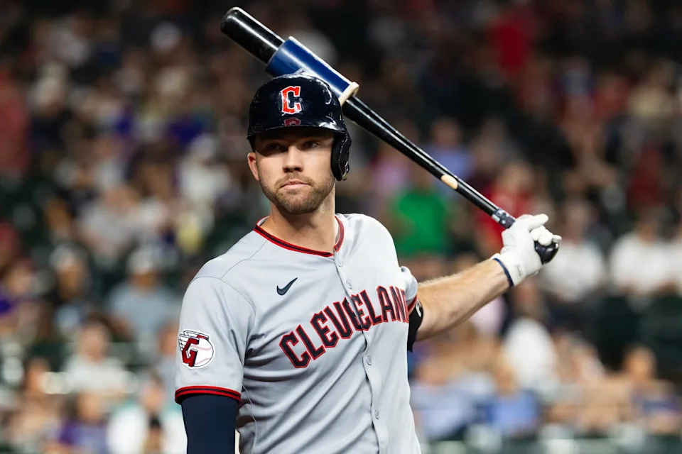 Aug 19, 2025; Phoenix, Arizona, USA; Cleveland Guardians infielder David Fry against the Arizona Diamondbacks at Chase Field. Mandatory Credit: Mark J. Rebilas-Imagn Images