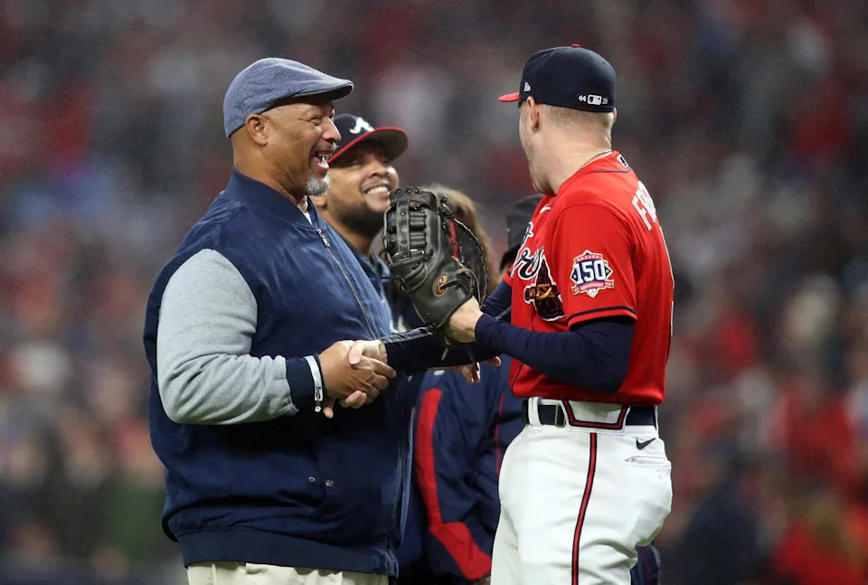 Former Atlanta Braves first baseman Freddie Freeman and Hank Aaron Jr., son of MLB legend Hank Aaron.&nbsp;© Brett Davis-Imagn Images