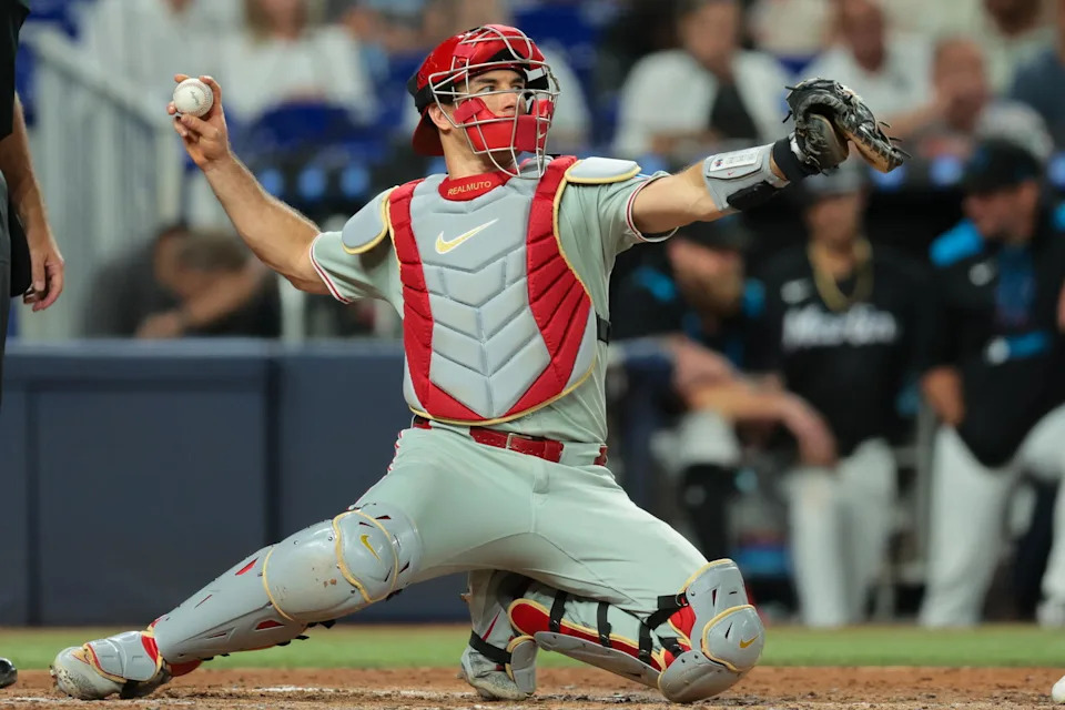 Sep 5, 2025; Miami, Florida, USA; Philadelphia Phillies catcher J.T. Realmuto (10) throws the ball to Philadelphia Phillies starting pitcher Cristopher Sanchez (not pictured) against the Miami Marlins during the fifth inning at loanDepot Park. Mandatory Credit: Sam Navarro-Imagn Images