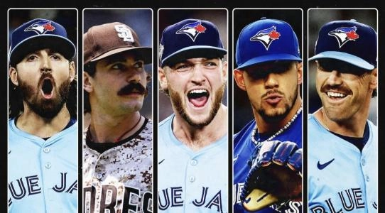 Toronto Blue Jays starting pitchers Kevin Gausman, Dylan Cease, Trey Yesavage, Jose Berrios, and Shane Bieber.