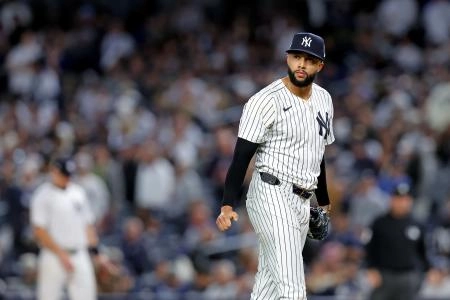 Oct 8, 2025; Bronx, New York, USA; New York Yankees pitcher Devin Williams (38) reacts after giving up a two run RBI during the seventh inning during game four of the ALDS round for the 2025 MLB playoffs at Yankee Stadium. Mandatory Credit: Brad Penner-Imagn Images