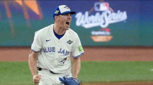 Oct 24, 2025; Toronto, Ontario, CAN; Toronto Blue Jays pitcher Chris Bassitt (40) celebrates after throwing against the Los Angeles Dodgers in the eighth inning during game one of the 2025 MLB World Series at Rogers Centre. Mandatory Credit: Kevin Sousa-Imagn Images