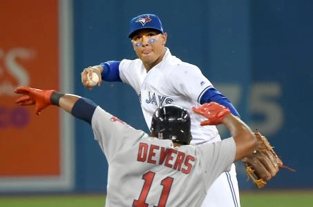 Aug 30, 2017; Toronto, Ontario, CAN; Toronto Blue Jays shortstop Ryan Goins (17) throws to first for a double play after forcing out Boston Red Sox third baseman Rafael Devers (11) in the second inning at Rogers Centre. Mandatory Credit: Dan Hamilton-Imagn Images Aug 30, 2017; Toronto, Ontario, CAN; Toronto Blue Jays shortstop Ryan Goins (17) throws to first for a double play after forcing out Boston Red Sox third baseman Rafael Devers (11) in the second inning at Rogers Centre. Mandatory Credit: Dan Hamilton-Imagn Images