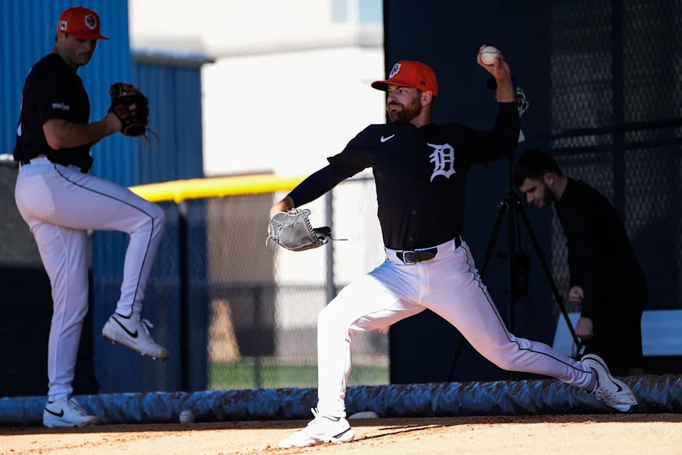 Detroit Tigers pitcher Sean Guenther throws a pitch during spring training at TigerTown in Lakeland, Fla. on Monday, Feb. 17, 2025.