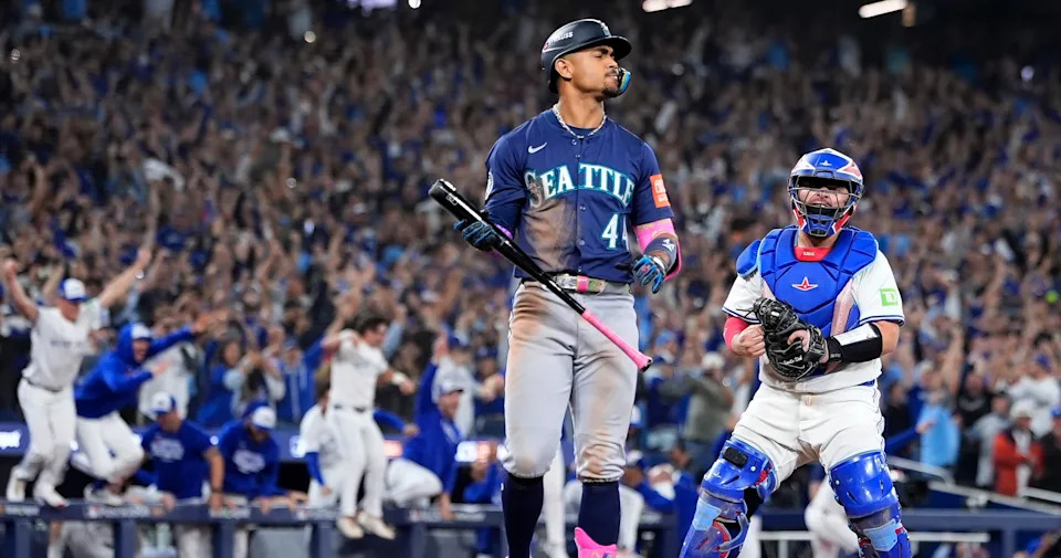 TORONTO, ONTARIO - OCTOBER 20: Julio Rodriguez #44 of the Seattle Mariners reacts after striking out to end game seven of the American League Championship Series against the Toronto Blue Jays at the Rogers Centre on October 20, 2025 in Toronto, Ontario. (Photo by Mark Blinch/Getty Images)