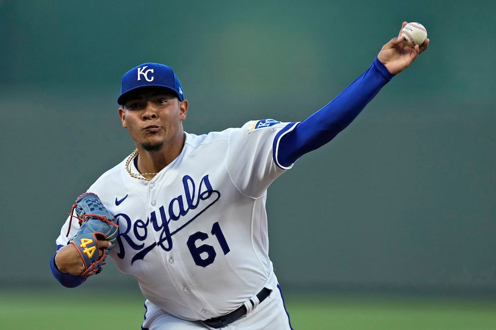 Kansas City Royals starting pitcher Angel Zerpa throws during the first inning of a baseball...