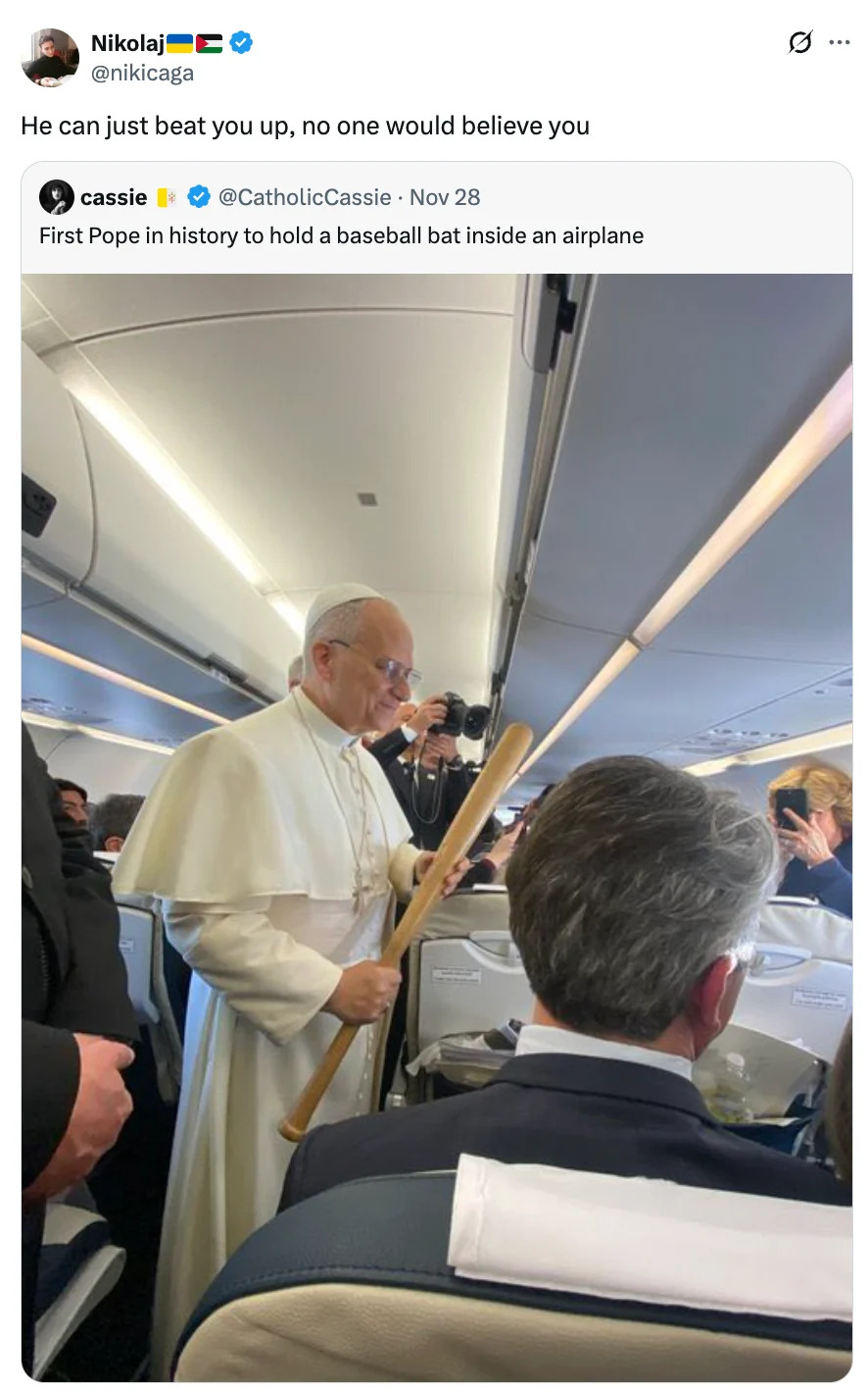Pope holding a baseball bat on an airplane, surrounded by passengers and media, creating an unusual and humorous scene