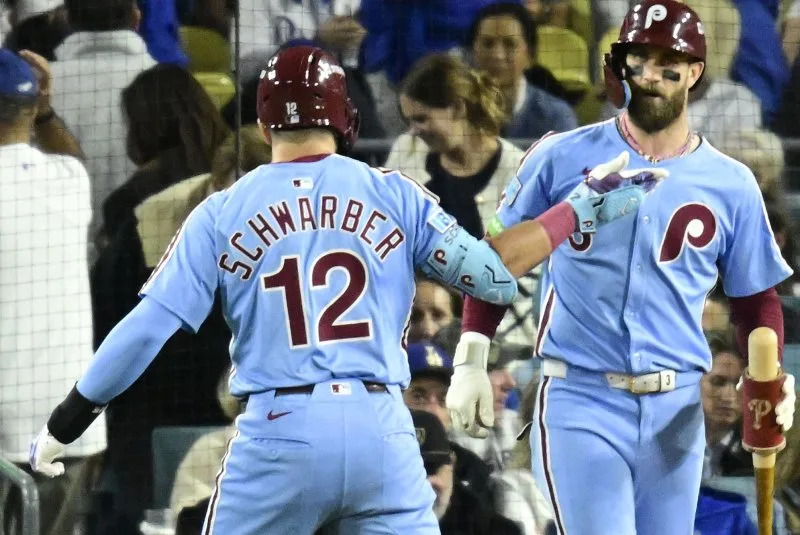 Bryce Harper (R) will join Philadelphia Phillies teammate Kyle Schwarber on Team USA at the 2026 World Baseball Classic. File Photo by John McCoy/UPI