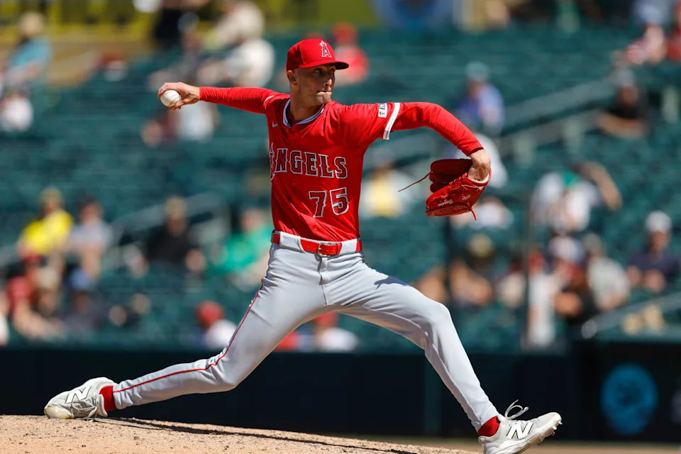 May 22, 2025; West Sacramento, California, USA; Los Angeles Angels pitcher Connor Brogdon (75) throws a pitch during the ninth inning against the Athletics at Sutter Health Park. Mandatory Credit: Sergio Estrada-Imagn Images