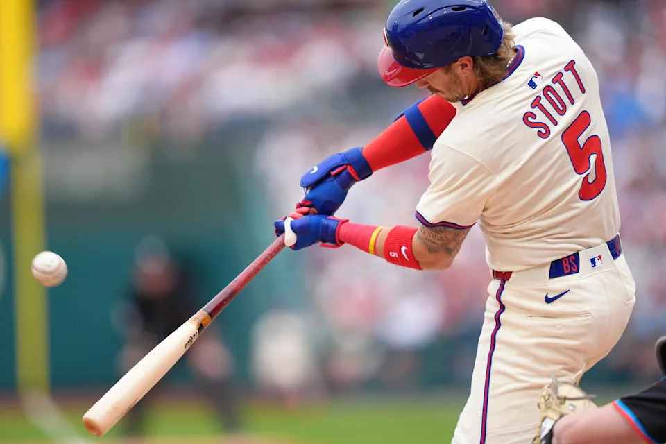 Apr 19, 2025; Philadelphia, Pennsylvania, USA; Philadelphia Phillies infielder Bryson Stott (5) bats against the Miami Marlins in the first inning at Citizens Bank Park. Mandatory Credit: Kyle Ross-Imagn Images