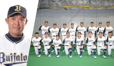 Manager Makoto Shiozaki (left) and 2025 Orix Buffaloes The Buffaloes Junior (right) ©ORIX Buffaloes