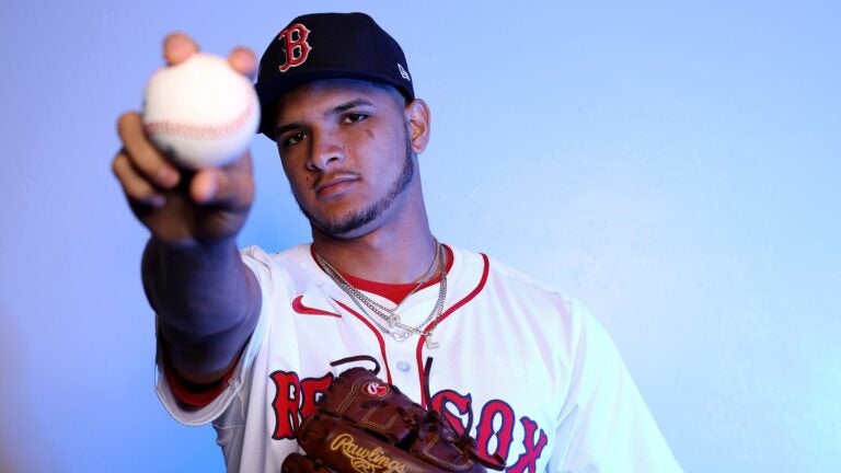 FORT MYERS, FLORIDA - FEBRUARY 20: Luis Perales #93 of the Boston Red Sox poses for a portrait at JetBlue Park at Fenway South on February 20, 2024 in Fort Myers, Florida.