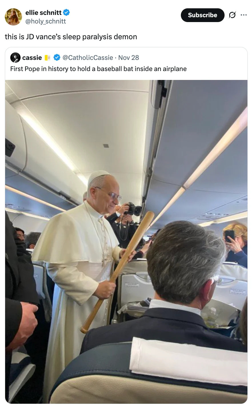 A person dressed as the Pope humorously holds a baseball bat inside an airplane aisle, surrounded by passengers