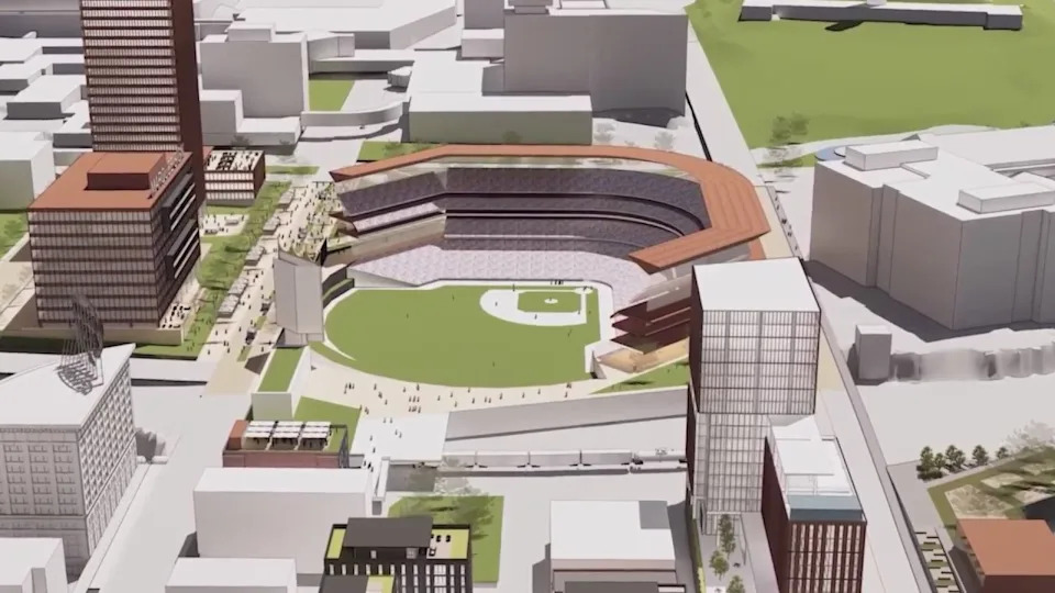 A rendering of a Royals Stadium from 2024 at Washington Square Park near Union Station in downtown Kansas City.