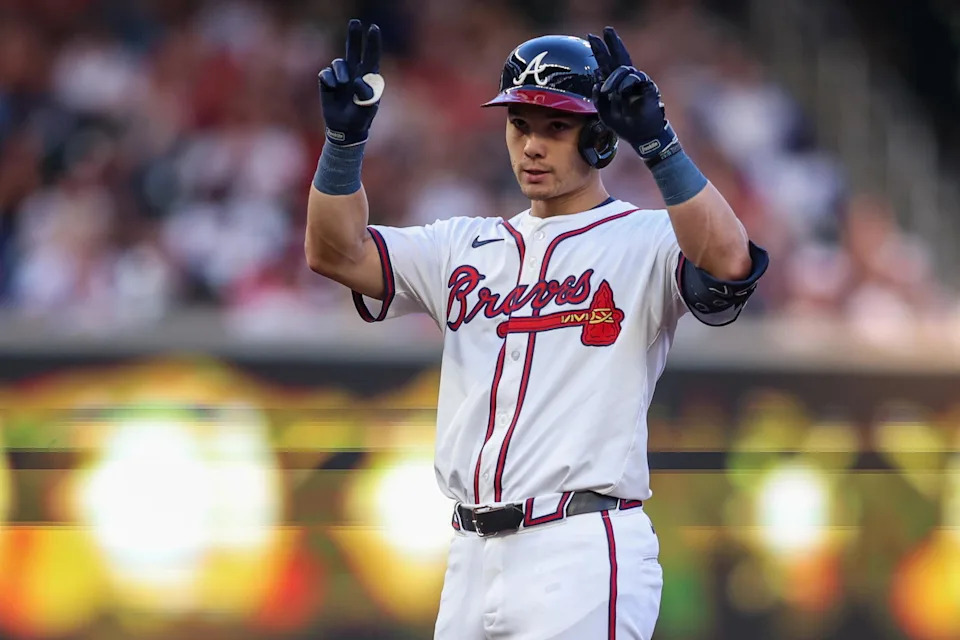 May 14, 2025; Atlanta, Georgia, USA; Atlanta Braves right fielder Stuart Fairchild (17) celebrates after an RBI double against the Washington Nationals in the third inning at Truist Park. Mandatory Credit: Brett Davis-Imagn Images