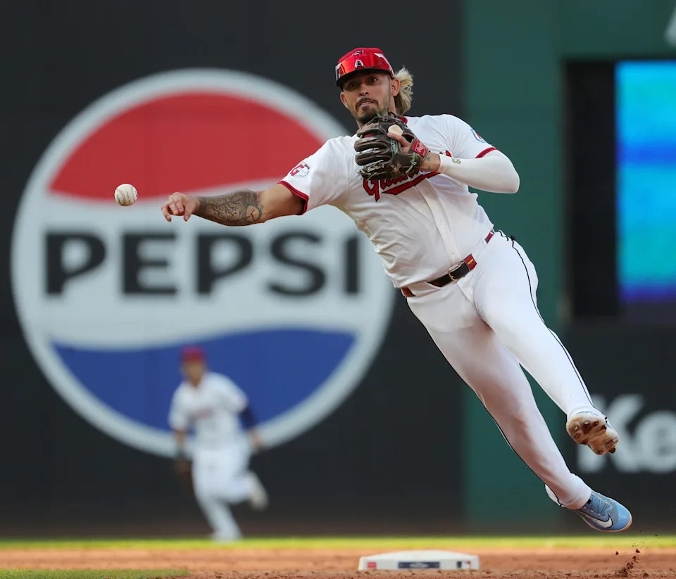 Cleveland Guardians shortstop Gabriel Arias (13) makes a throw to first during the sixth inning of Game 3 of the American League Wild Card Series at Progressive Field, Oct. 2, 2025, in Cleveland, Ohio.