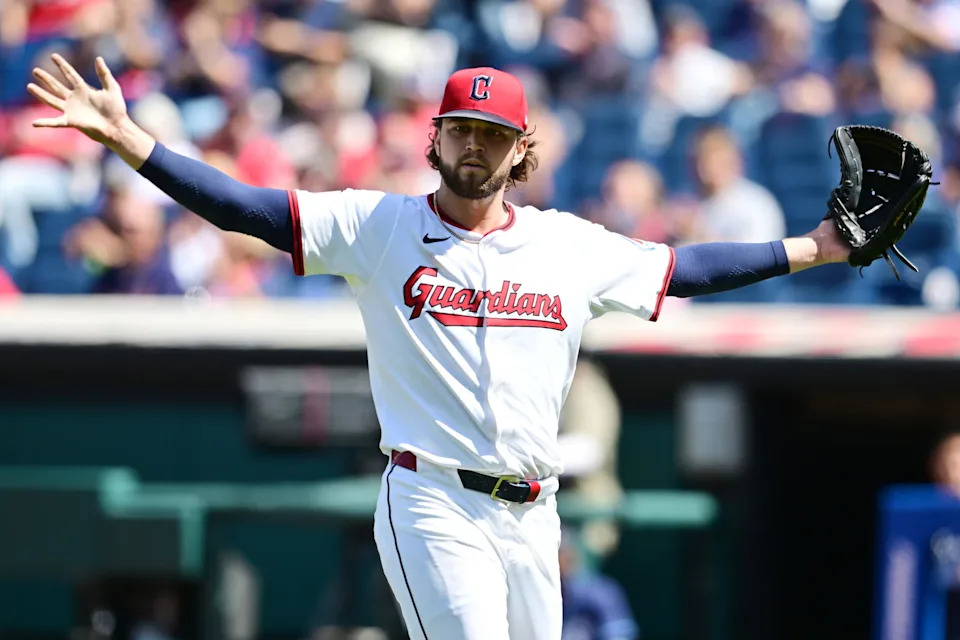 Aug 27, 2025; Cleveland, Ohio, USA; Cleveland Guardians starting pitcher Slade Cecconi (44) reacts after shortstop Gabriel Arias (not pictured) made a play on a hit by Tampa Bay Rays shortstop Carson Williams (not pictured) during the fourth inning at Progressive Field. Mandatory Credit: Ken Blaze-Imagn Images