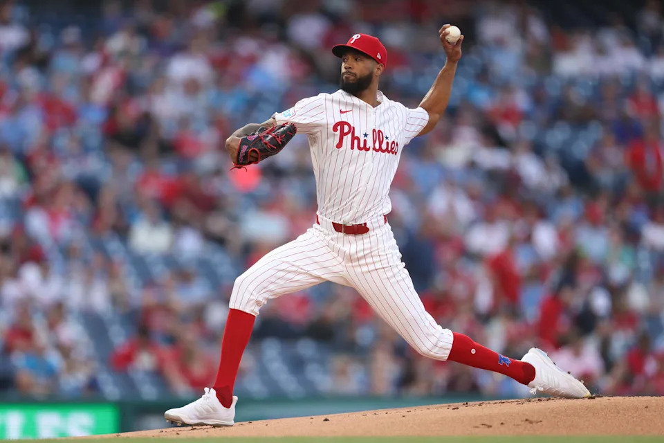 Apr 30, 2025; Philadelphia, Pennsylvania, USA; Philadelphia Phillies pitcher Cristopher Sanchez (61) pitches against the Washington Nationals during the first inning at Citizens Bank Park. Mandatory Credit: Bill Streicher-Imagn Images