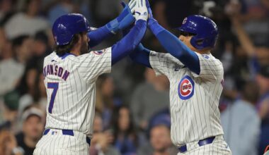 Title: Tigers Cubs Baseball Image ID: 24235055642703 Article: Chicago Cubs' Christian Bethancourt, right, celebrates with Dansby Swanson, left, after hitting a two-run home run during the fifth inning of a baseball game against the Detroit Tigers Wednesday, Aug. 21, 2024, in Chicago. (AP Photo/Melissa Tamez)