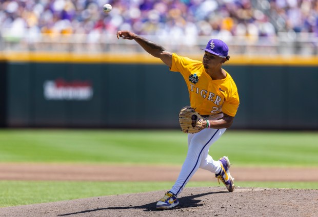 LSU starting pitcher Anthony Eyanson throws against Coastal Carolina in the first inning of Game 2 of the NCAA College World Series baseball finals in Omaha, Neb., Sunday, June 22, 2025. (AP Photo/Rebecca S. Gratz)