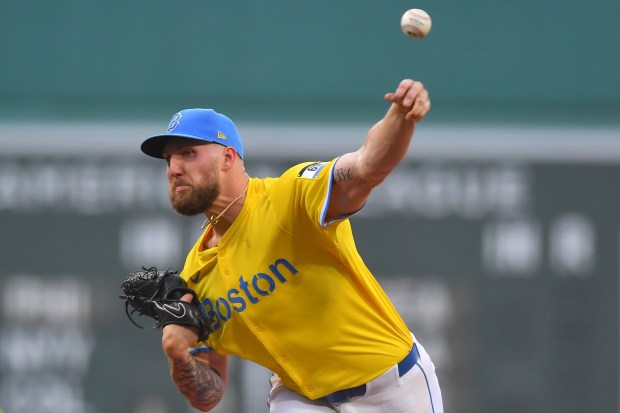 Boston Red Sox's Garrett Crochet delivers a pitch to a Los Angeles Dodgers batter in the first inning of a game on Saturday, July 26 in Boston. (AP Photo/Steven Senne)