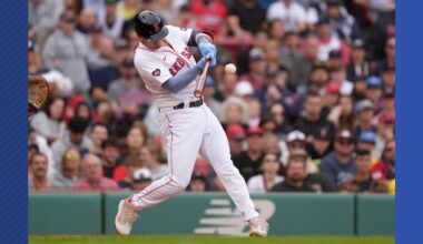 FILE - Boston Red Sox's Vaughn Grissom hits a double in the third inning of a baseball game against the Tampa Bay Rays, Sept. 29, 2024, in Boston. (AP Photo/Steven Senne, File)