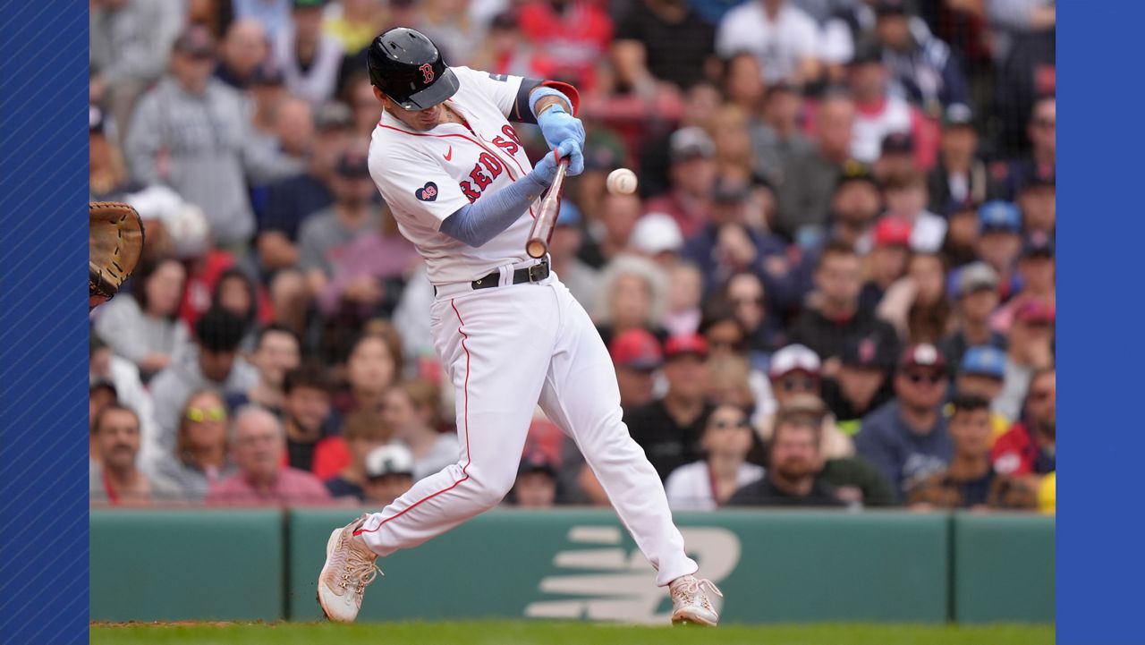 FILE - Boston Red Sox's Vaughn Grissom hits a double in the third inning of a baseball game against the Tampa Bay Rays, Sept. 29, 2024, in Boston. (AP Photo/Steven Senne, File)