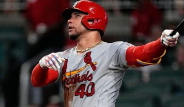 FILE - St. Louis Cardinals' Willson Contreras (40) watches his solo home run in the seventh inning of a baseball game against the Atlanta Braves Sept. 6, 2023, in Atlanta. (AP Photo/John Bazemore, File)