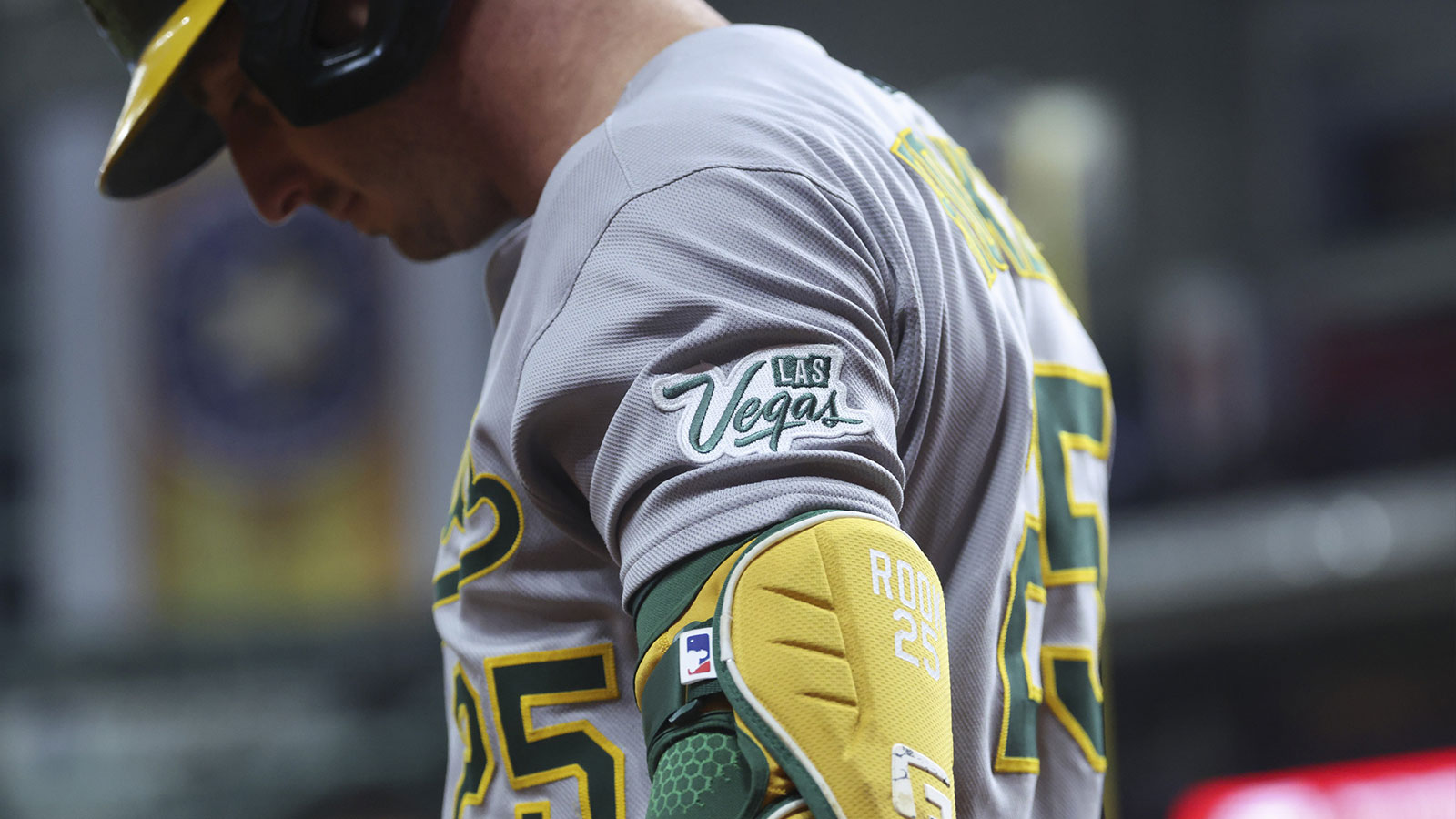 Detailed view of a Las Vegas patch on the jersey of Athletics left fielder Brent Rooker (25) during the game against the Houston Astros at Daikin Park.