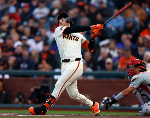 San Francisco Giants' Casey Schmitt (10) swings at a pitch for a strike against the Philadelphia Phillies in the second inning at Oracle Park in San Francisco, Calif., on Monday, July 7, 2025. (Nhat V. Meyer/Bay Area News Group)