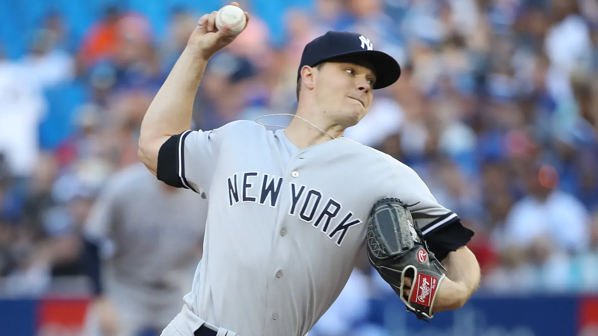 Sonny Gray #55 with the New York Yankees delivers a pitch on July 6, 2018 in Toronto, Canada.  Szczerbowski/Getty Images