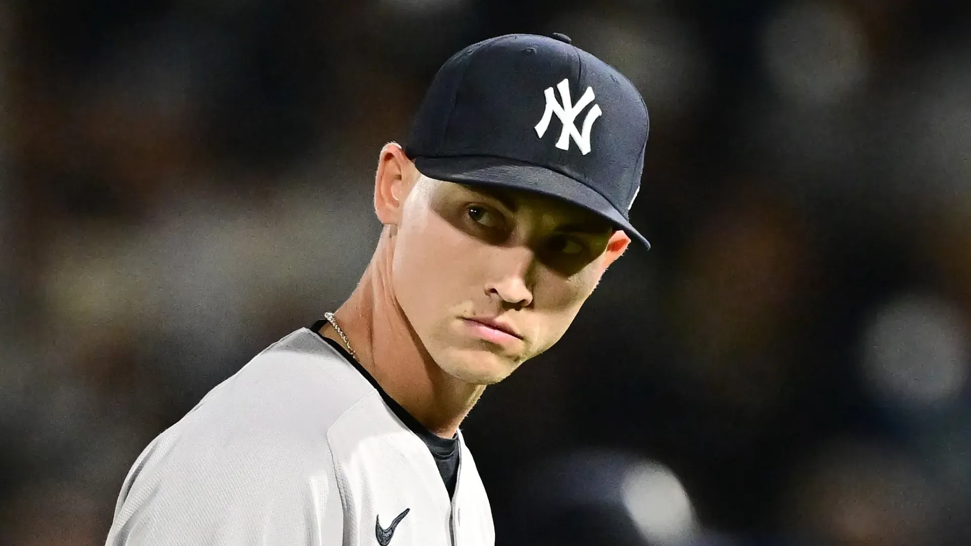 Luke Weaver #30 of the New York Yankees looks on in the ninth inning against the Tampa Bay Rays
